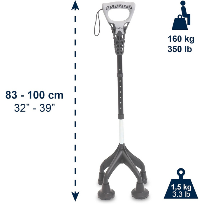 Bastón 4 Patas Ergonómico y Ajustable, Bastón 4 Apoyos Negro, Fabricado en España | KMINA