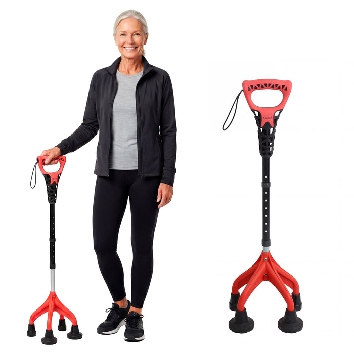 Bastón 4 Patas Ergonómico y Ajustable, Bastón 4 Apoyos Rojo, Fabricado en España | KMINA | K10071