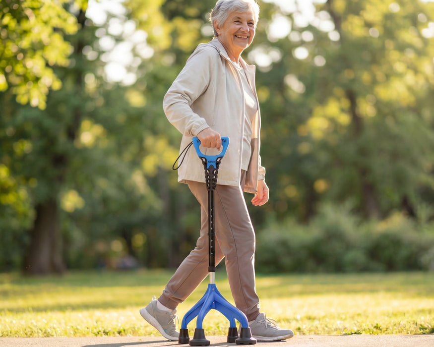 Bastón 4 Patas Ergonómico y Ajustable, Bastón 4 Apoyos Azul, Fabricado en España | KMINA | K10070