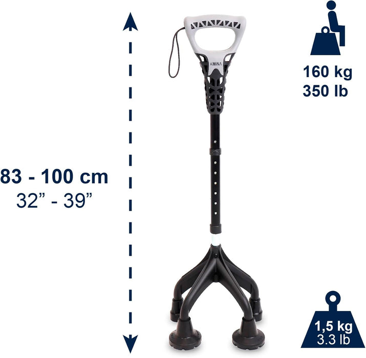 Bastón 4 Patas Ergonómico y Ajustable, Bastón 4 Apoyos Gris, Fabricado en España | KMINA | K10066