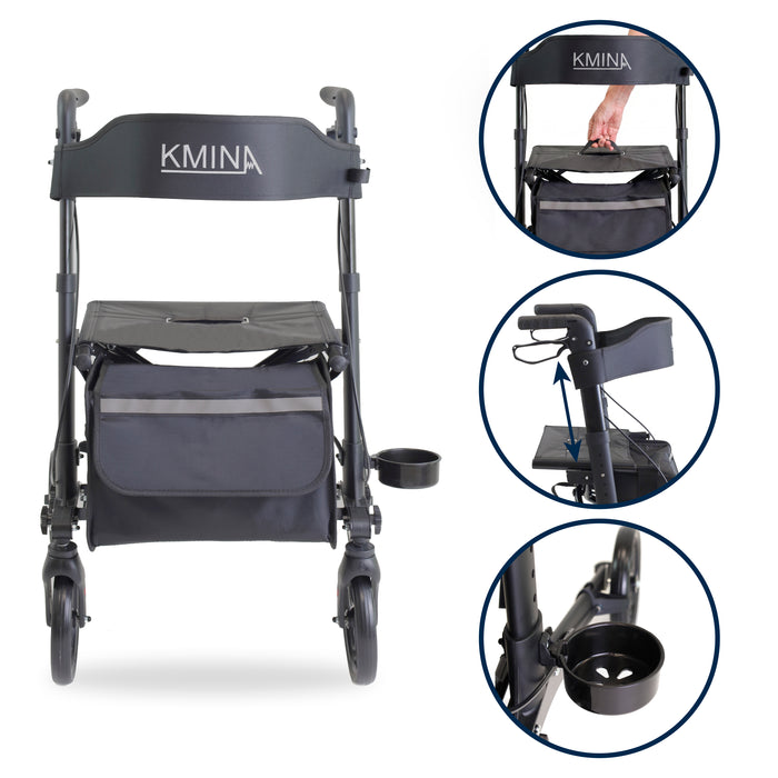 Andador Advance Negro, Andador para Personas Mayores con Asiento y cesta | KMINA | K10091