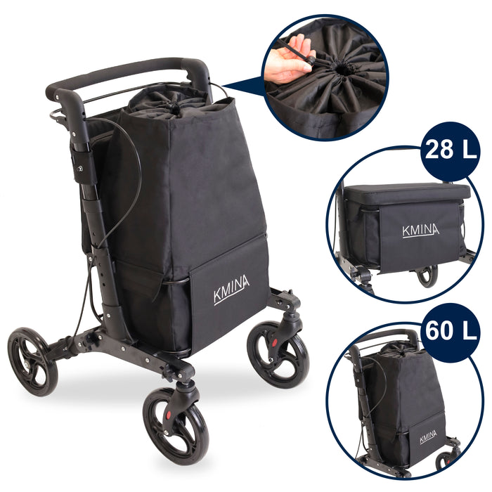 Andador Carro Compra Negro, Andador para Personas Mayores con Asiento y cesta | KMINA | K10096
