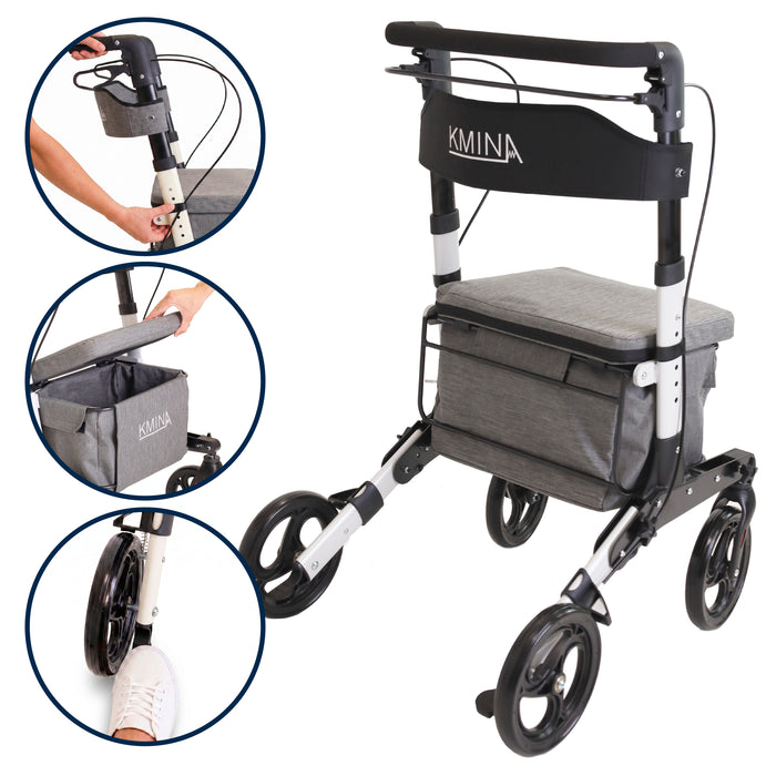 Andador Carro Compra Blanco, Andador para Personas Mayores con Asiento y cesta | KMINA | K10097
