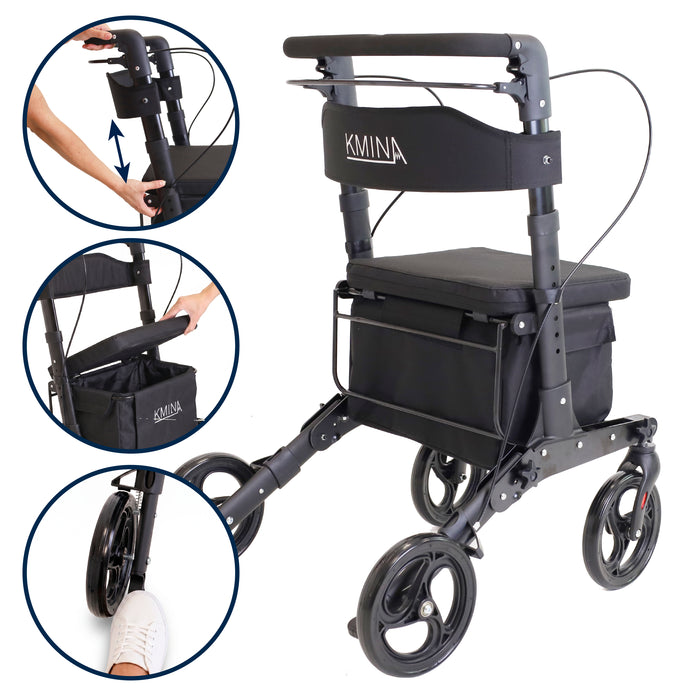 Andador Carro Compra Negro, Andador para Personas Mayores con Asiento y cesta | KMINA | K10096