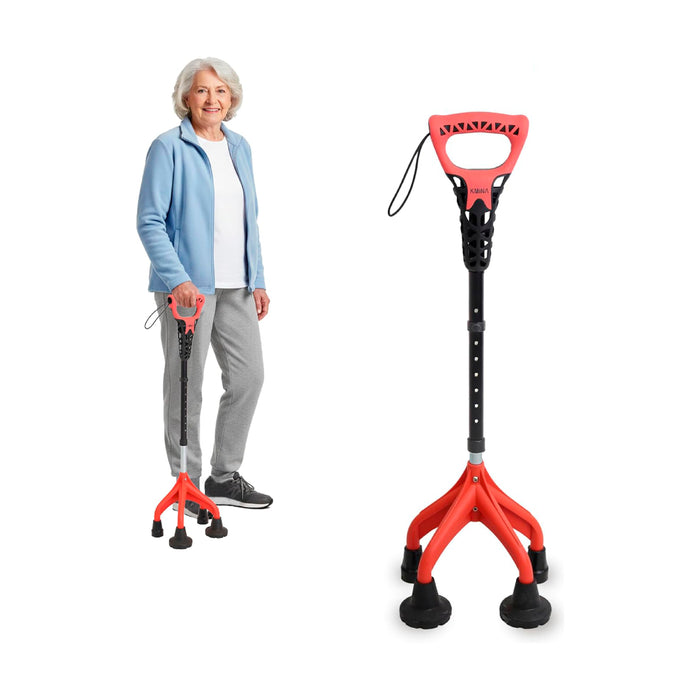 Bastón 4 Patas Ergonómico y Ajustable, Bastón 4 Apoyos Rojo, Fabricado en España | KMINA | K10071