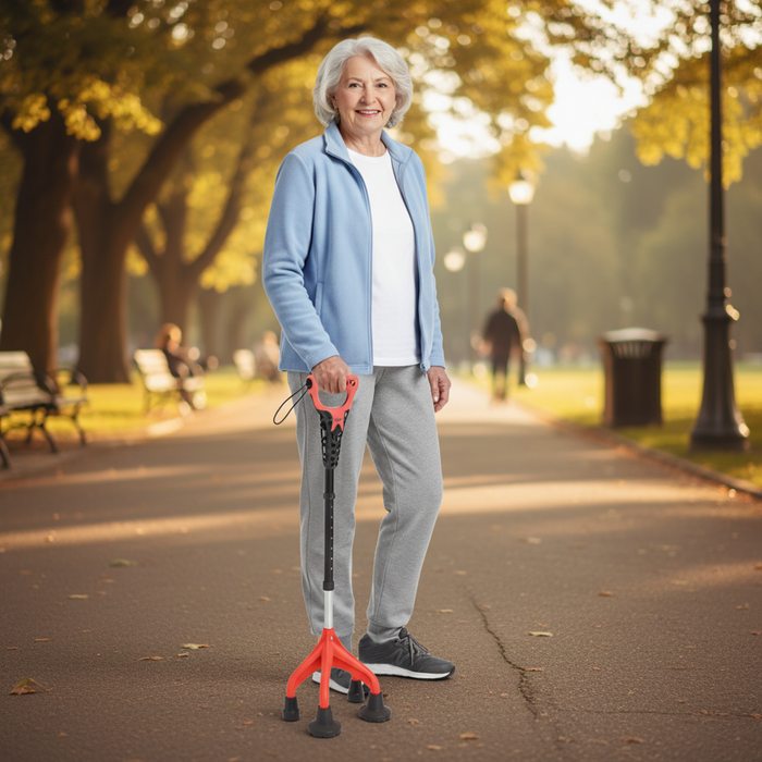 Bastón 4 Patas Ergonómico y Ajustable, Bastón 4 Apoyos Rojo, Fabricado en España | KMINA | K10071